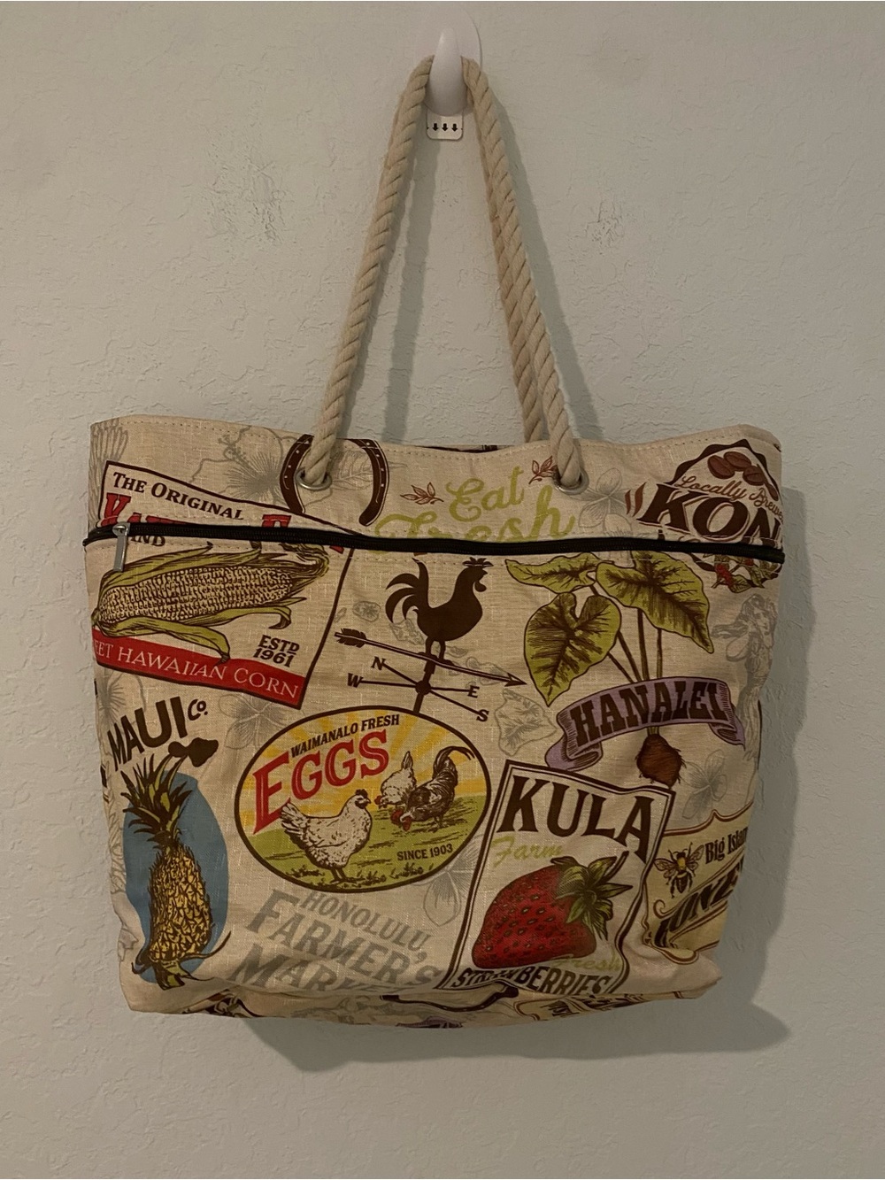 Vintage Market-Print Canvas Tote in Cream and Brown